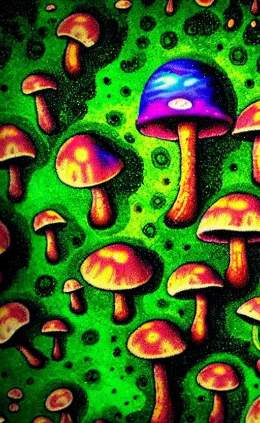 Prompt: looking down at trippy alien world with large psychedelic mushrooms