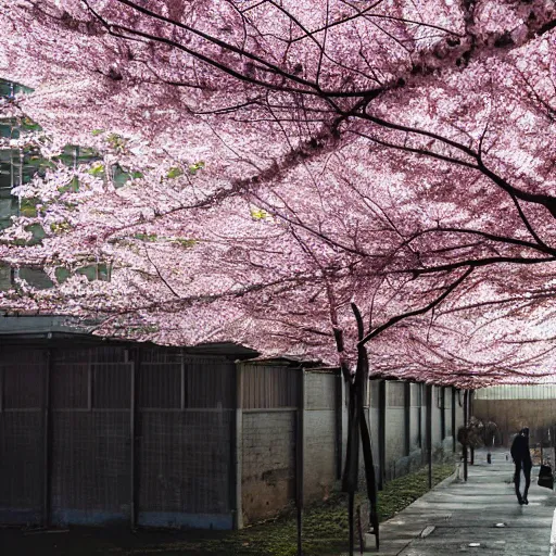 Image similar to volumetric hazy komorebi through cherry blossom trees in an industrial complex of organic architecture