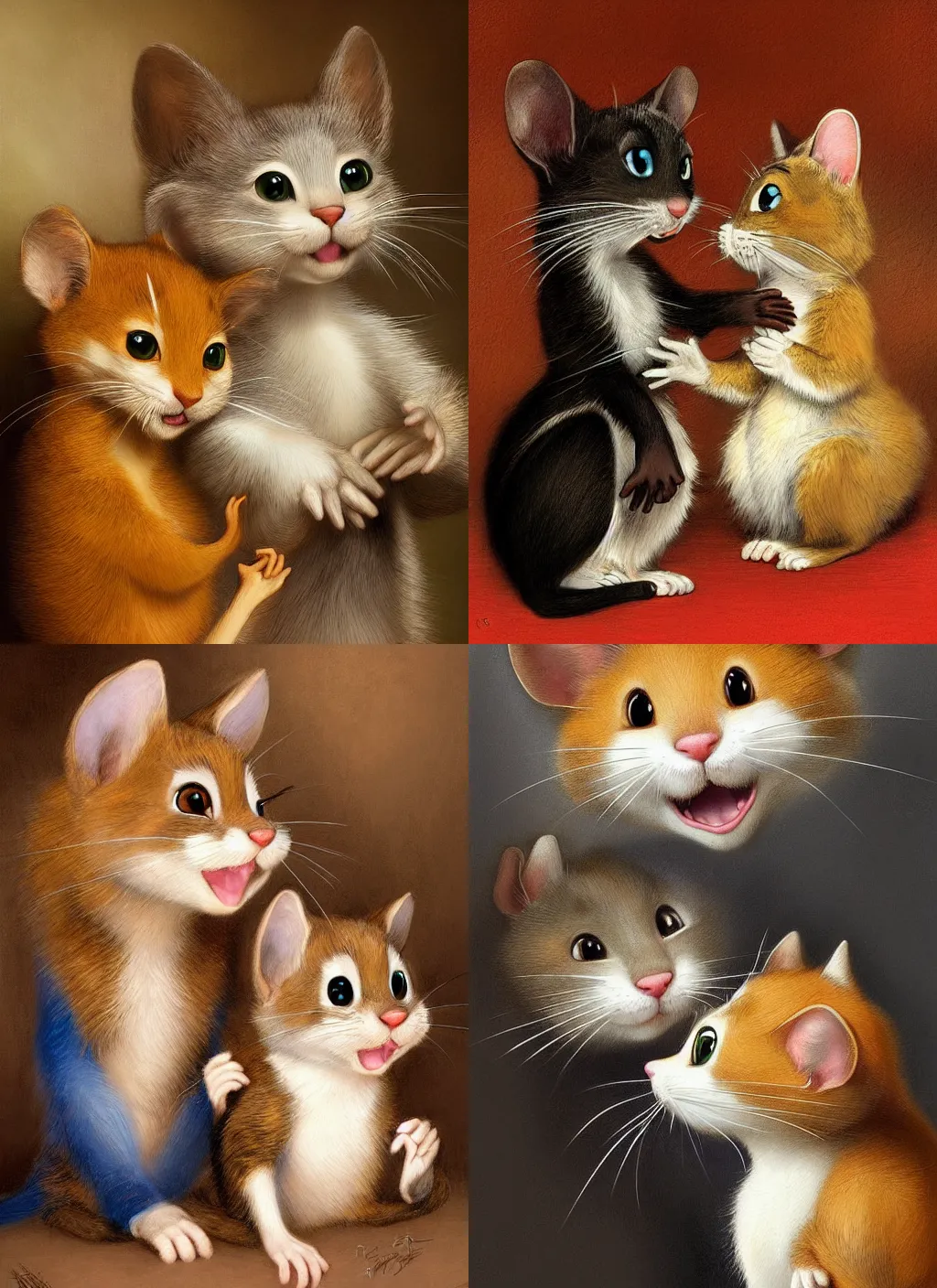 Prompt: A beautiful portrait of Tom and Jerry, frontal, digital art by Eugene de Blaas and Ross Tran, vibrant color scheme, highly detailed, in the style of romanticism