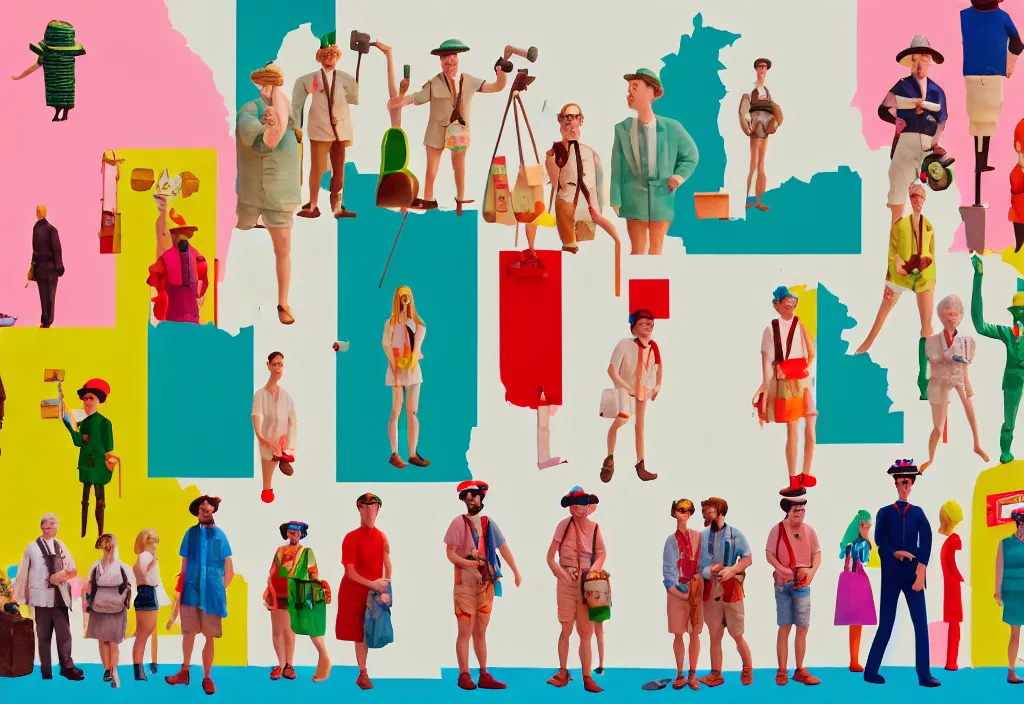 Image similar to full frame, a row of european tourists standing with a variety of poses and props, character designs, a collage painting, in the style of wes anderson, lola dupre, david hockney, isolated on negative white space background dark monochrome neon spraypaint accents volumetric octane render