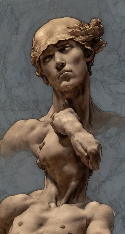 Image similar to Michelangelo\'s David, highly detailed, digital painting, artstation, concept art, smooth, sharp focus, illustration, ArtStation, art by artgerm and greg rutkowski and alphonse mucha and J. C. Leyendecker and Edmund Blair Leighton and Katsuhiro Otomo and Geof Darrow and Phil hale and Ashley wood and Ilya repin and Charlie Bowater