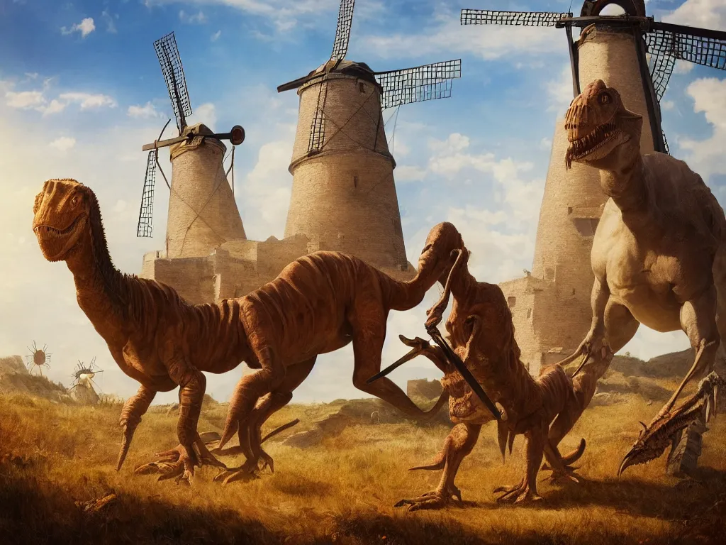 Image similar to portrait of don quixote sitting on a dinosaur in front of a windmill, summer, sun in the zenith, digital art, highly detailed, stunning scene, 4 k, realism, bright colors, trending on artstation