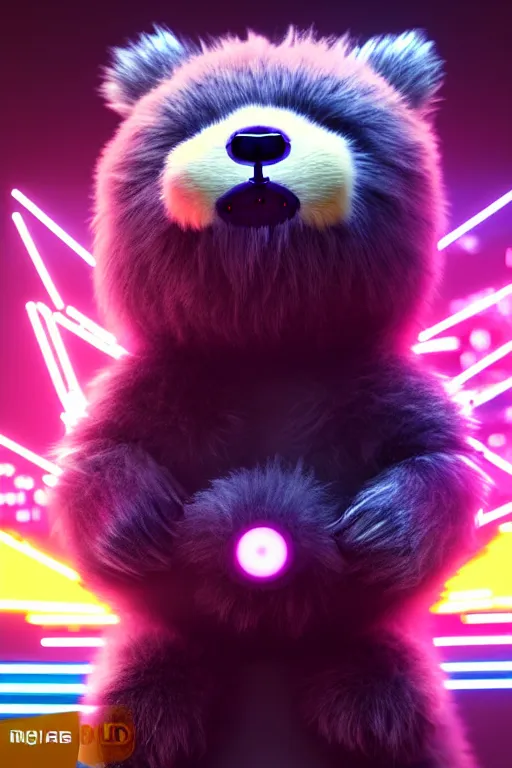 Image similar to high quality 3 d render very cute fluffy cyberpunk bear! plays electric guitar, cyberpunk highly detailed, unreal engine cinematic smooth, in the style of blade runner & detective pikachu, hannah yata charlie immer, moody light, low angle, uhd 8 k, sharp focus