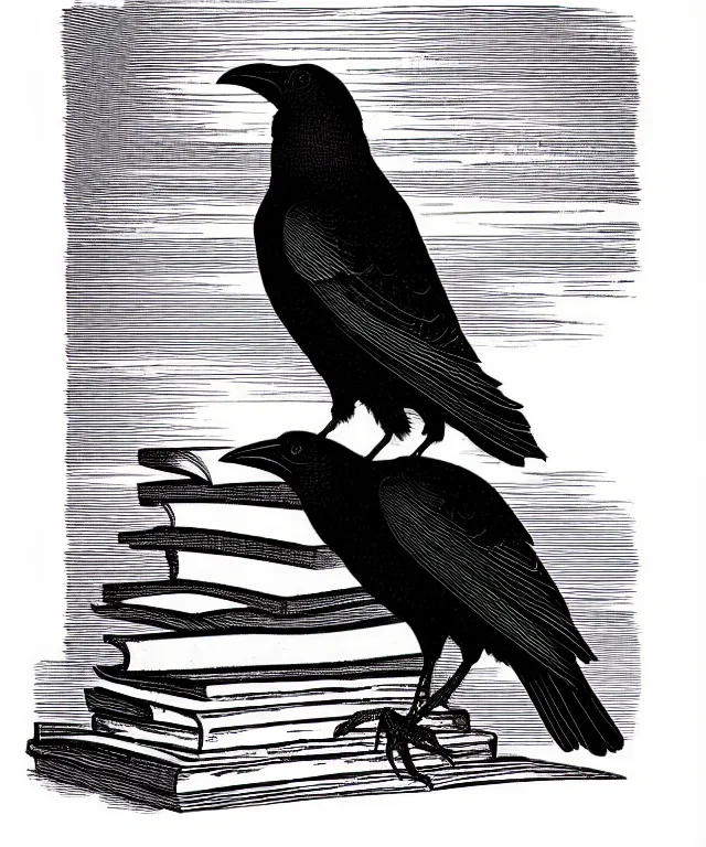 Prompt: crow perched on top of a stack of books, art by james o barr and albrecht durer, woodblock print, engraved, black and white, vector, vector art