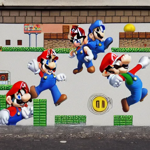 Image similar to Painting of Super Mario Bros first level on the Berlin Wall, 85mm lens photo,