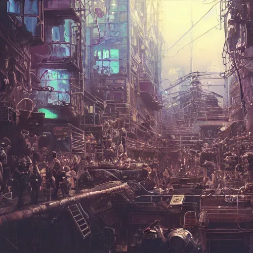 Image similar to highly detailed crowded dense urban used future tenement slum, robots humans and extraterrestrials, inside a crowded space station, jim henson creature shop, 1 9 8 0 s science fiction, 1 9 7 0 s science fiction, alien 1 9 7 9, cyberpunk, 3 d oil painting, depth perception, 4 k, artstation