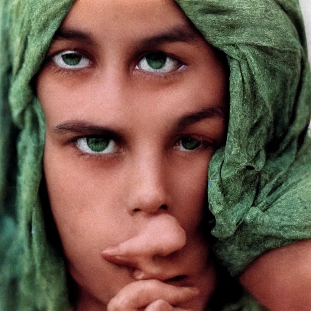 Image similar to a teenage girl og afghani descent with strikning green eyes stares into the camera with deep read headscarf. kodachrome