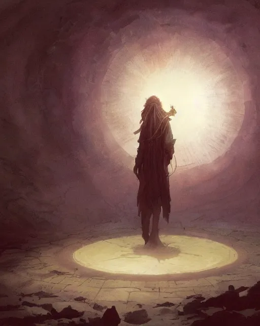 Prompt: a druid standing in a circle at the beginning of the world by greg rutkowski and frank frazetta and peter mohrbacher and william blake