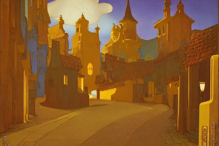 Image similar to winding street at midnight in a very old very beautiful city by George Price Boyce and Nicholas Roerich and Maxfield Parrish, glowing paper lanterns, strong dramatic cinematic lighting , ornate tiled architecture, lost civilizations, smooth, sharp focus, extremely detailed