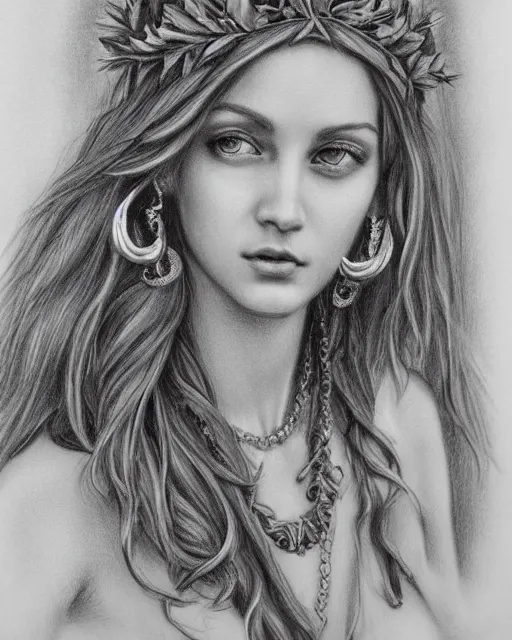 Image similar to long shot realism pencil drawing of the beautiful greek goddess aphrodite wearing a laurel wreath and arrowhead earrings, beautiful confident eyes, beautiful flowing hair, hyper realistic face, in the style of artgerm, fantasy, amazing detail, epic, elegant, smooth, sharp focus, from the front