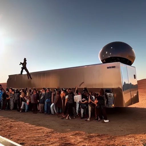 Prompt: 4 k hdr wide angle sony a 7 photo of a stainless steel shiny cybertruck surrounded by a mob of beautiful instagram model women protestors on mars during a blue martian sunset