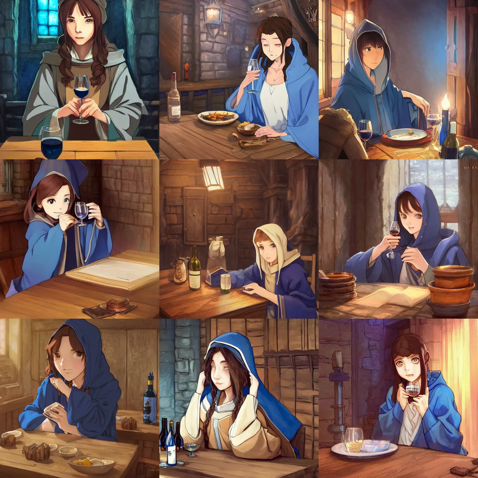 Prompt: a female wizard with brown hair wearing a blue hood and blue robe sitting at a wooden table drinking a glass of wine in a medieval inn, ambient lighting, highly detailed, digital painting, trending on pixiv fanbox, studio ghibli, extremely high quality artwork, art by ross tran and artgerm and makoto shinkai