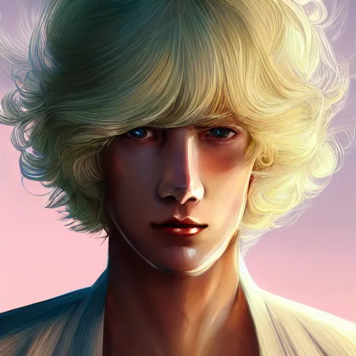 Image similar to Portrait of an androgynous blond prince in a beautiful world, pale milky white skin and long fluffy curly blond hair, symmetrically center parted curtain bangs, intricate, elegant, fantasy, highly detailed, digital painting, concept art, Junji Ito, sharp focus, illustration, beautiful volumetric lighting, epic light, artstation, magic hour lighting, colorful, sunshine, springtime, art by Sylvain Sarrailh