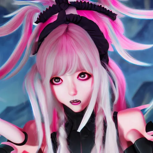 Image similar to no escape from stunningly absurdly beautiful omnipotent asi goddess junko enoshima with multiple twisted deceptive megalomaniacal mesmerizing personalities, symmetrical perfect face, porcelain skin, pink twintail hair and cyan eyes, ultra detailed, digital art, unreal engine 5, octane render, 2 d anime, 8 k