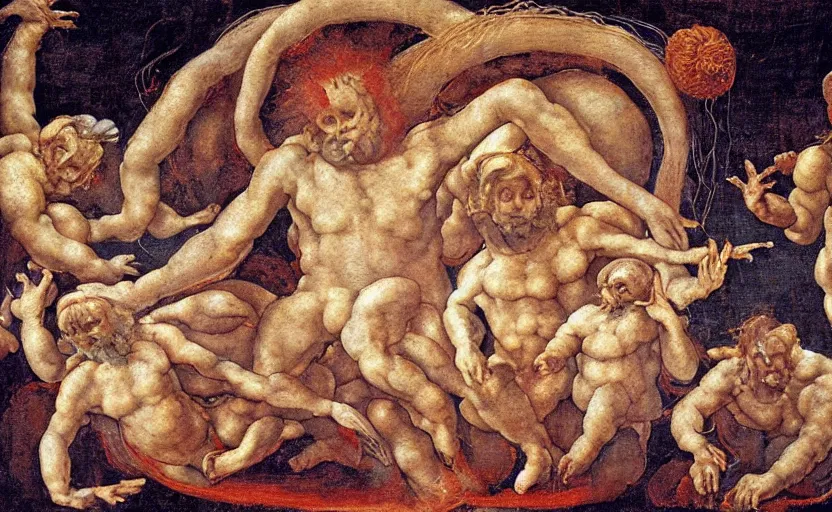 Prompt: The flying spaghetti monster. By Michelangelo (1564). Expert fresco painting.