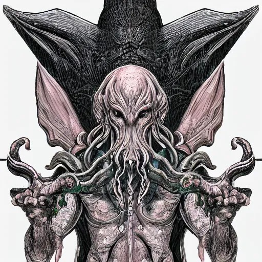 Image similar to 4K headshot of godlike Cthulhu with defined arms and open hands and bloody clothes with giant mandala wings , intricate face , flawless anime cel animation by Kentaro Miura, psychedelic , highly detailed upper body , professionally post-processed , beautiful, scary, symmetry accurate features, epic, octane rendered, anime masterpiece, accurate