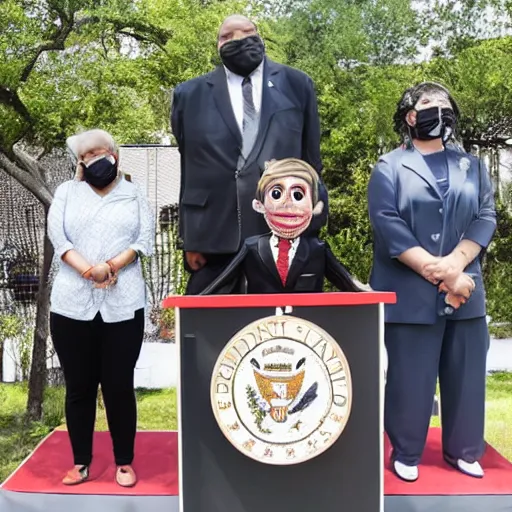 Image similar to president marionette with puppeteer in a podium giving a press conference