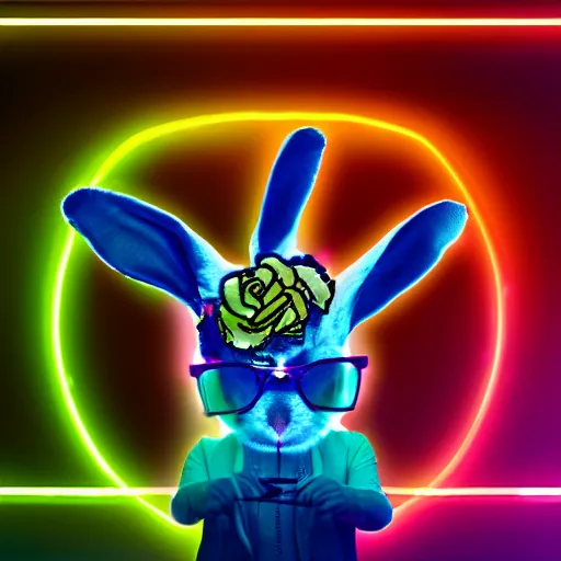 Prompt: A bunny rabbit wearing glasses and a rose gold Rolex watch, dancing at a rave dressed fashionably with glow sticks. Background is filled with neon lights and many people dancing around him. Ultra-realistic. 4K.