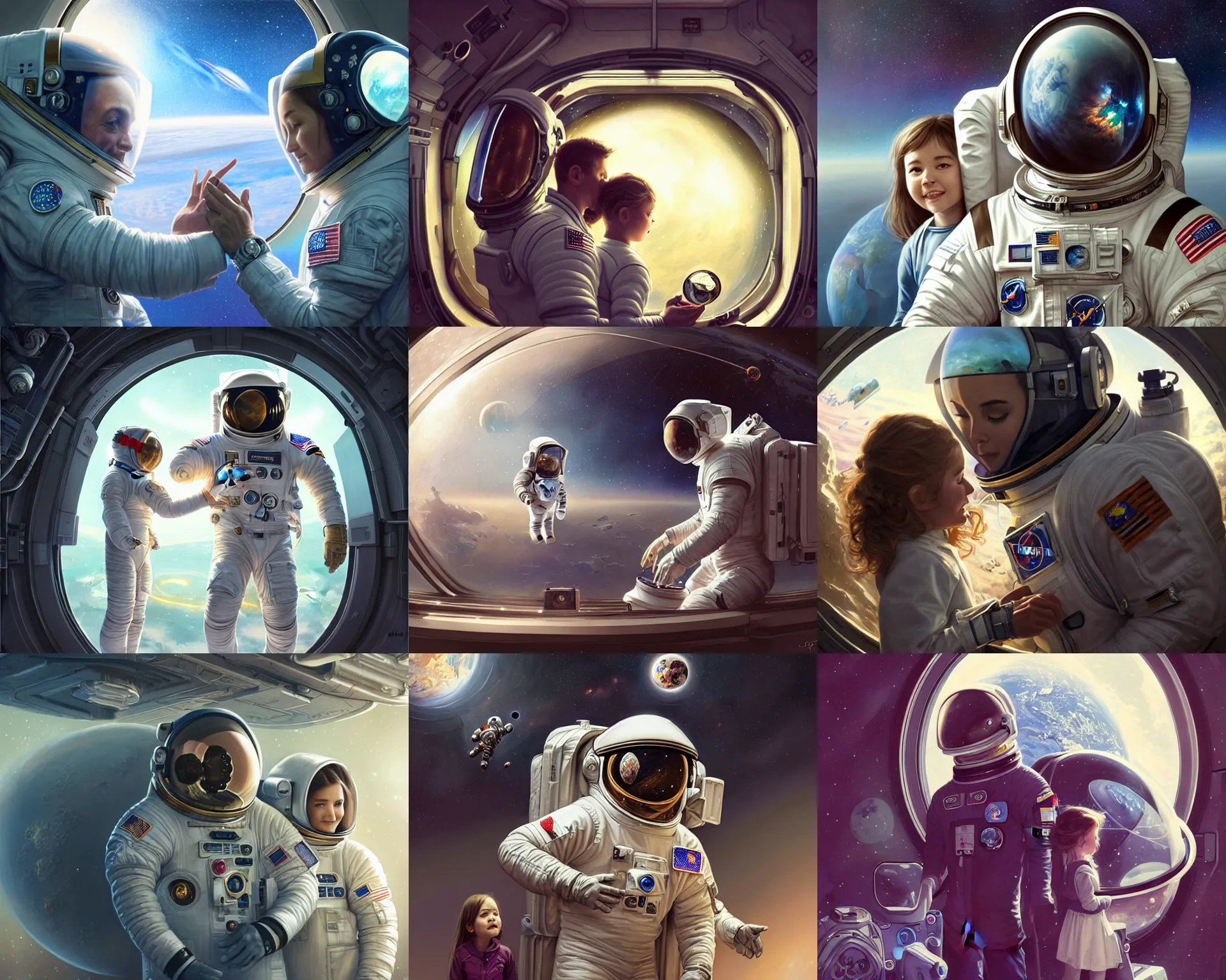 Prompt: a fully suited father astronaut with his fully suited daughter, astronaut helmets, space station, earth on the window, deep focus, fantasy, intricate, elegant, highly detailed, digital painting, artstation, concept art, matte, sharp focus, illustration, hearthstone, art by artgerm and greg rutkowski and alphonse mucha