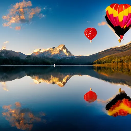 Image similar to photo of two black swans touching heads in a beautiful reflective mountain lake, a colorful hot air balloon is flying above the swans, hot air balloon, intricate, 8k highly professionally detailed, HDR, CGsociety