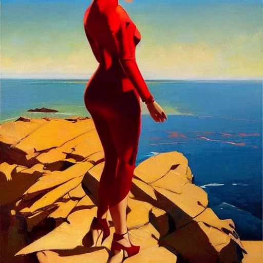 Image similar to an attractive female in a red suit standing on a cliff, looking out at a red ocean, jc leyendecker!! phil hale!, angular, brush strokes, painterly, vintage, crisp