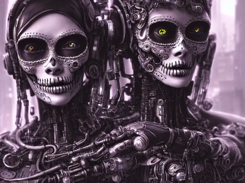 Image similar to ultra detailed, Mechanical Cyberpunk Female Android, dia de los muertos, scifi, cyberpunk, fantasy, intricate details, eerie, movie still, airbrush, elegant, super highly detailed, professional digital painting, artstation, concept art, smooth, sharp focus, no blur, no dof, extreme illustration, Unreal Engine 5, Photorealism, HD quality, 8k resolution, cinema 4d, 3D, beautiful, cinematic, art by artgerm and michael welan and DZO and greg rutkowski and alphonse mucha and loish and WLOP