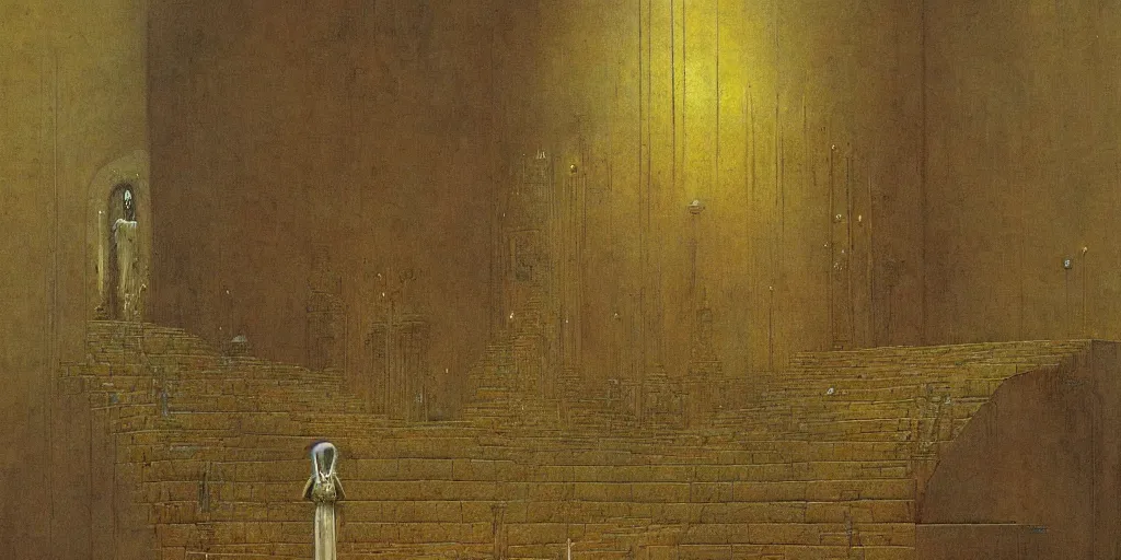 Image similar to a medieval king sitting on a golden throne led by stairs leaning on a shiny sword in a palace, light illuminating behind the throne, beksinski painting