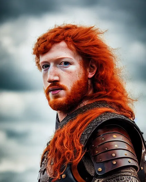 Prompt: northern Mark Zuckerberg warrior, red hair, ginger hair, long hair, fantasy, Viking, high detailed, photography, cloudy, lightweight leather armour, Scandinavia, plain, detailed face, beautiful face, look into the distance, professional model, glowing skin, serious face, full body, professional photographer, masterpiece, 50 mm, 8k, 3D