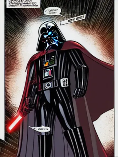 Prompt: comic book cover of darth vader fighting against the avangers