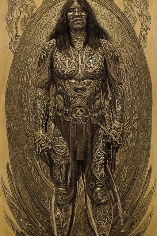 Prompt: a beautiful painting of full - body maori warrior, wisdom, good and evil, white ink + magical + symmetrical + detailed intricate + heraldic design + atmosphere high details, in the style of jean delville, artstation, 8 k, 4 k, cinematic