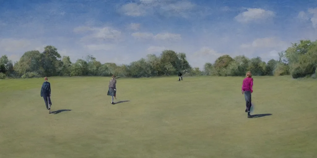 Image similar to Parched ground on Hampstead Heath, people walking with aunt, cracks, blue sky, photorealistic