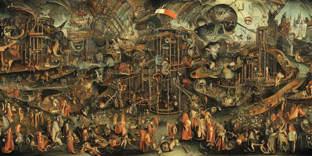 Prompt: wacky liminal funhouse megastructure in the style of heironymus bosch, intricate masterpiece, hyper detailed, hd