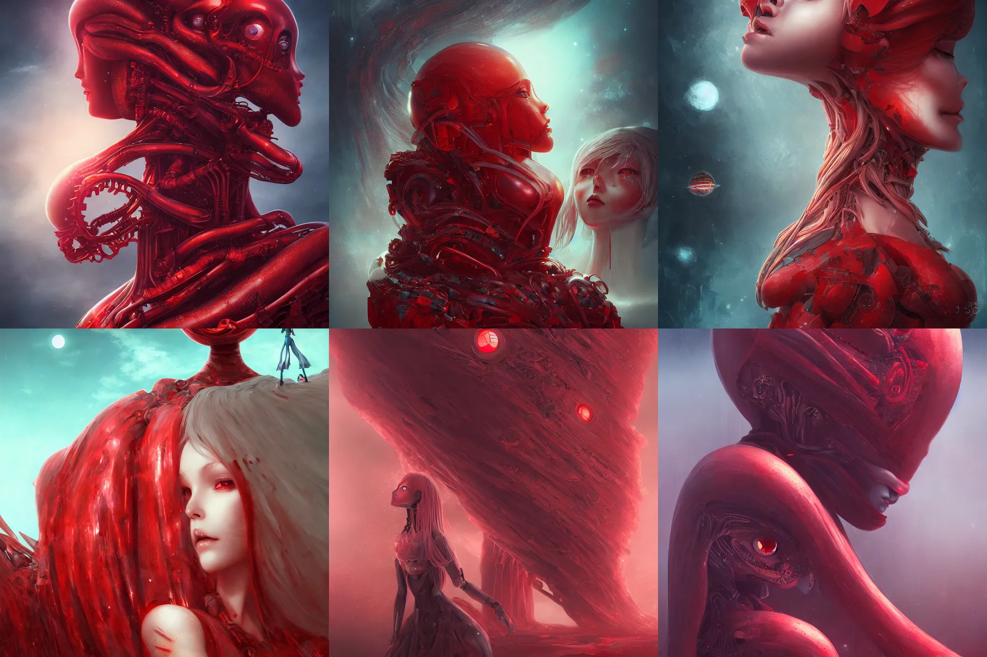 Prompt: detailed, sharp, dreaming humanoid female automata looking up to a red building consumed by alien flesh by Anna Dittmannand, digital art. surreal. trending on art station. anime arts. featured on Pixiv, HD, 8K, highly detailed, good lighting, beautiful, epic, horror