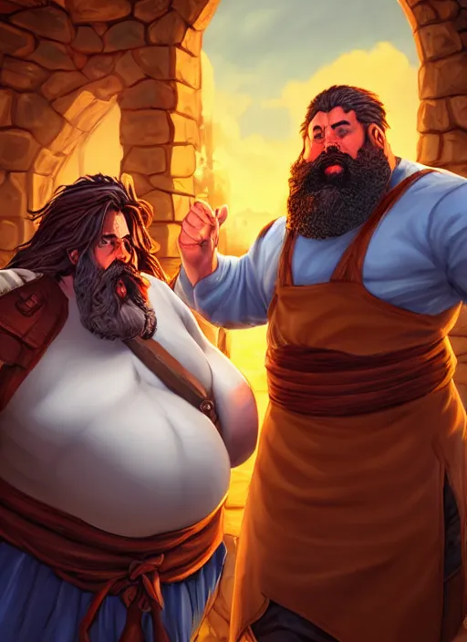 Image similar to an epic fantasy comic book style portrait painting of a hearty man with a big belly and thick beard and large woman who are a couple in a tavern with them both wearing aprons, unreal 5, daz, hyperrealistic, octane render, cosplay, rpg portrait, dynamic lighting