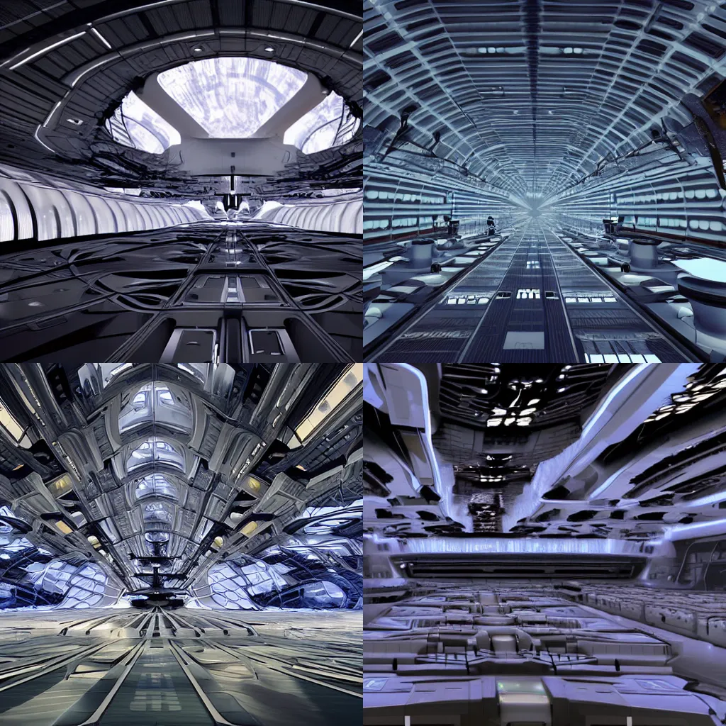 Prompt: Sci-fi futuristic spaceship interior, enormous hangar, one thousand aligned dormant cabin, symmetrical, futuristic decoration, Very sci-fi cabins, 4k, wide shot, matte painting