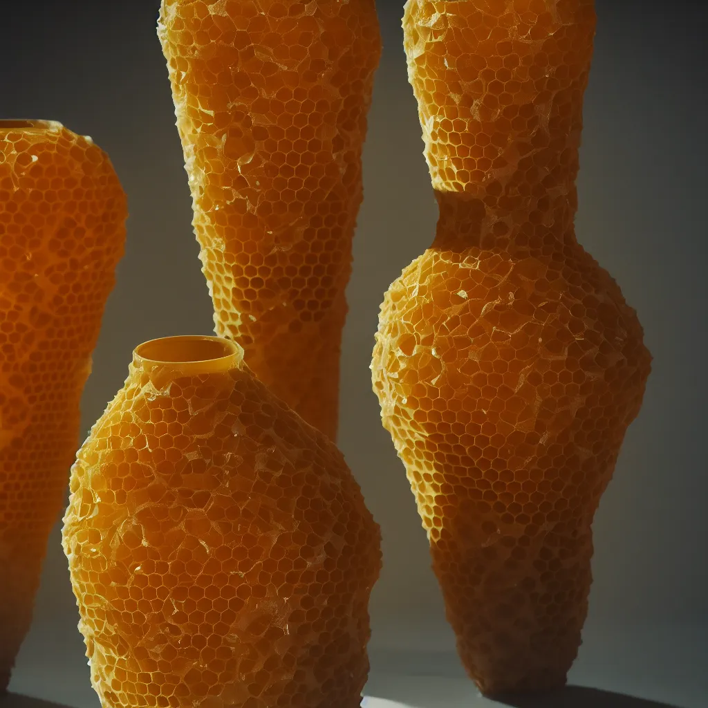 Image similar to real honeycomb vase with honey traditional shape design by tomas gabzdil libertiny, product design, film still from the movie directed by denis villeneuve with art direction by zdzisław beksinski, telephoto lens, shallow depth of field