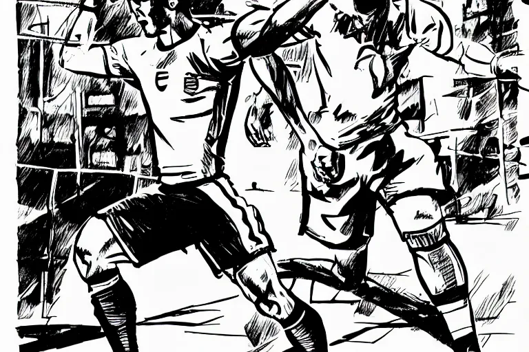 Prompt: cristiano ronaldo playing football, a page from cyberpunk 2 0 2 0, style of paolo parente, style of mike jackson, adam smasher, johnny silverhand, 1 9 9 0 s comic book style, white background, ink drawing, black and white