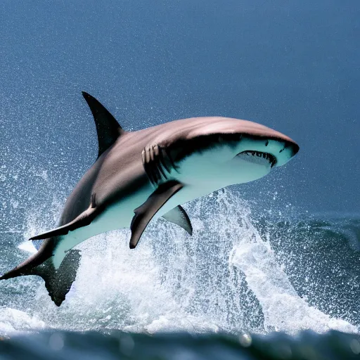 Prompt: action photo of shark jumping from surface of the sea, from nature journal, 1 / 1 0 0 0 sec shutter, action photo, sigma 1 0 5 mm f 2. 8