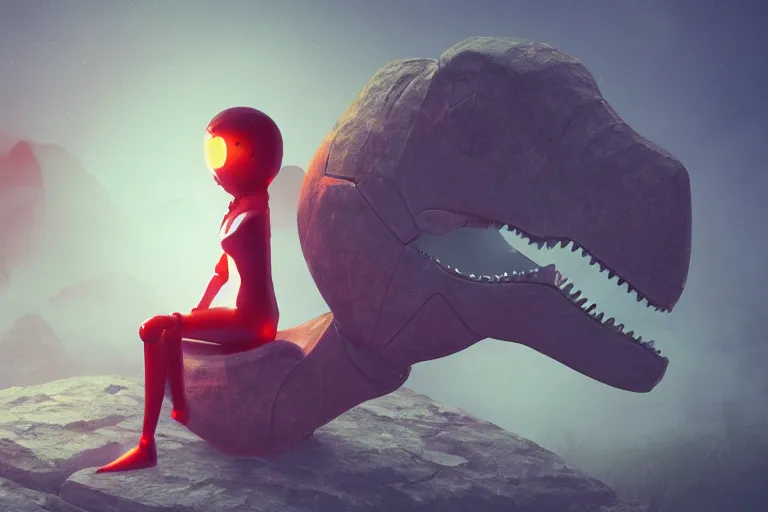 Image similar to a cute robot girl sitting on a dinosaur, misty, digital art, hazy, foggy, red lighting, ambient lighting, 8 k,