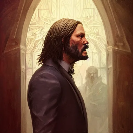 Prompt: a mind - blowing portrait of a john wick wearing a human skull, deep focus, d & d, fantasy, intricate, elegant, highly detailed, digital painting, artstation, concept art, matte, sharp, illustration, hearthstone, art by artgerm and greg rutkowski and alphonse mucha