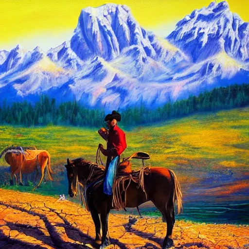 Image similar to surreal painting from a cowboy in front of the rocky mountains