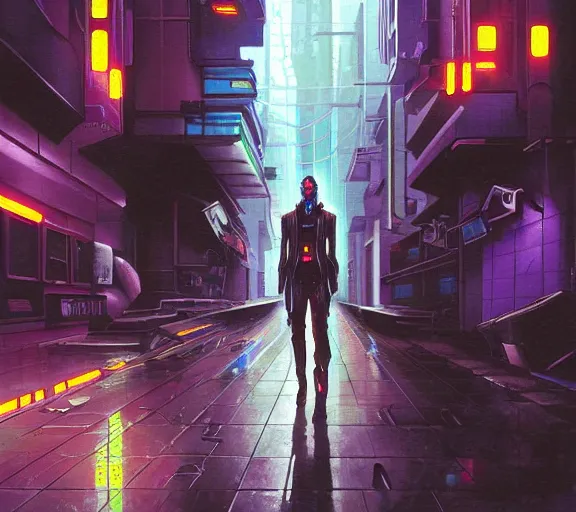 Image similar to a painting of a cyberpunk netrunner, street level