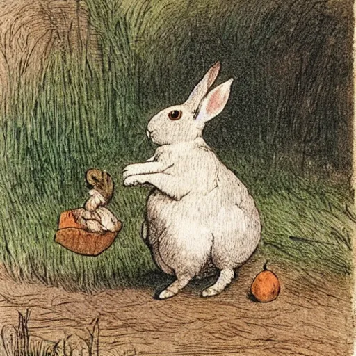 Prompt: rabbit struggling to pull a turnip from soil, by beatrix potter