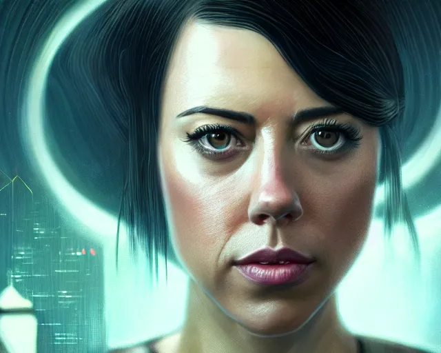 Image similar to a 4 k cinematic screenshot still portrait of aubrey plaza in bladerunner, deep focus, d & d, fantasy, intricate, elegant, highly detailed, digital painting, artstation, concept art, matte, sharp focus, illustration, dark fantasy style art, hearthstone, art by artgerm and greg rutkowski and alphonse mucha