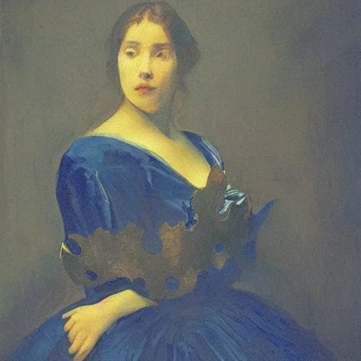 Image similar to an elegant girl in a liminal abandoned room, blue and gold, old polaroid by goya, by velazquez, digital painting, jugendstil, art noveau, strong lights, flat colors, pastel colors, highly detailed,