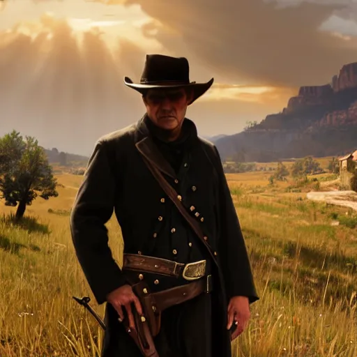 Image similar to clean shaven, tan, middle - aged christian priest with dark hair in dark clothing, three fourth shot, intricate, in front of landscape, red dead redemption 2, concept art, highly detailed, digital painting, artstation, oppressive lighting, concept art, sharp focus, illustration, art by greg rutkowski and alphonse mucha