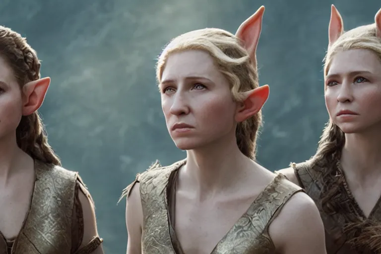 Prompt: a cinematic headshot portrait of three female elf warriors, 8 k, ultra realistic, movie still, dramatic lighting, mist, rays of light, by annie leibovitz