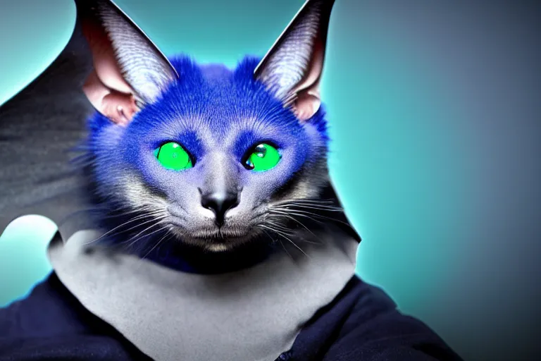 Image similar to a blue - and - black male heterochromatic catbat fursona with blue / green heterochromatic eyes ( differently - colored eyes, one green, one blue ) and huge bat ears, photo of the catbat streaming on his computer