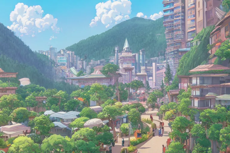 Prompt: almaty, kazakhstan. 4 k digital paint by studio ghibli hayao miyazaki. very sharp and detailed. trending on artstation and behance.