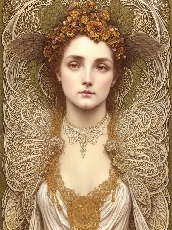 Image similar to Gustave dore and Mucha beautiful maiden ivory mask intricate ornate wings fractal-lace iridescent gemstone wearing ivory rococo dress, ivory gold, iridescent highlights, full view, soft lighting, vivid, Hyperdetailed, 4k hd matte painting by Artgerm, Kelly McKernan, Marc Simonetti, Klimt, Moebius, James Jean, 8k resolution, enchanting and otherworldly, Artstation, CGsociety, detailed, front view